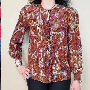Vintage 80s Paisley & Houndstooth Silk Blouse